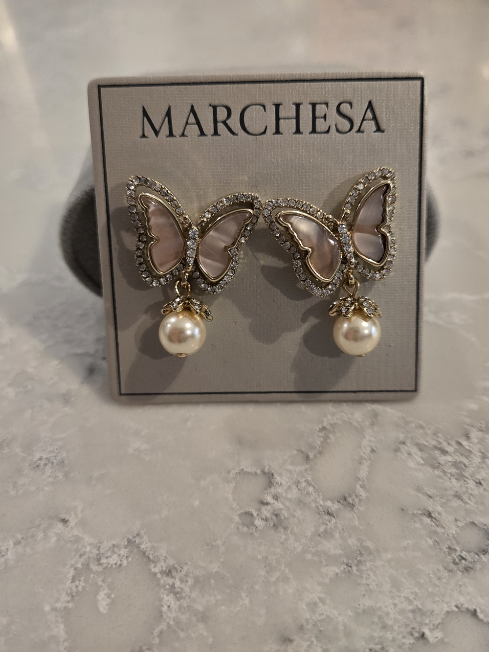 Marchesa Gold Butterfly Earrings with Pink Enamel and Pearl Drops